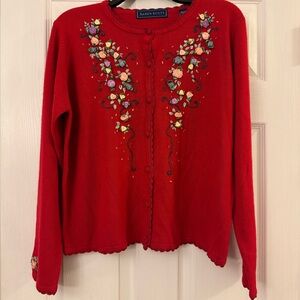 Karen Scott Woman’s Red Cardigan Button Up Flower Embroidered Sweater NWT